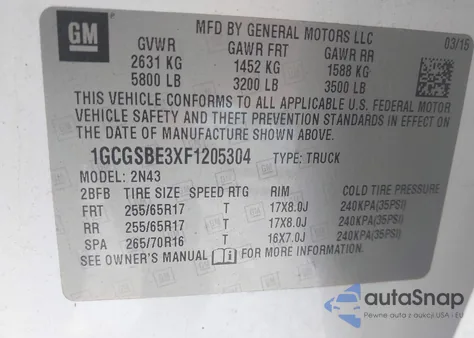 2015 Chevrolet Colorado Lt z USA, uszkodzony, nr VIN 1GCGSBE3XF1205304